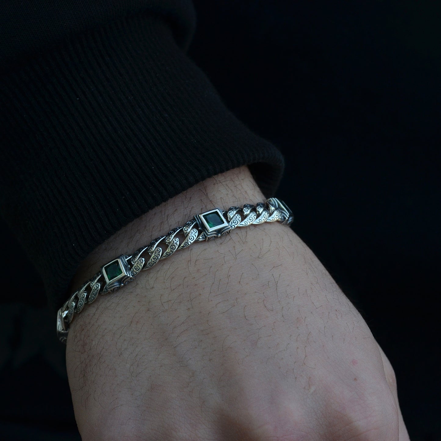 gromet square green stones bracelet silver italian 925k