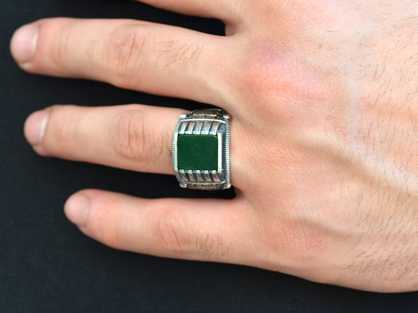 RING FOR MEN SILVER 925 K GREEN STONE
