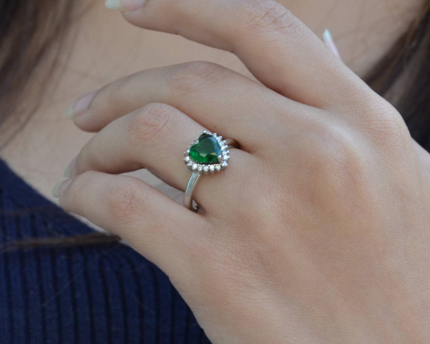ring for women silver 925k plated by platinum green heart