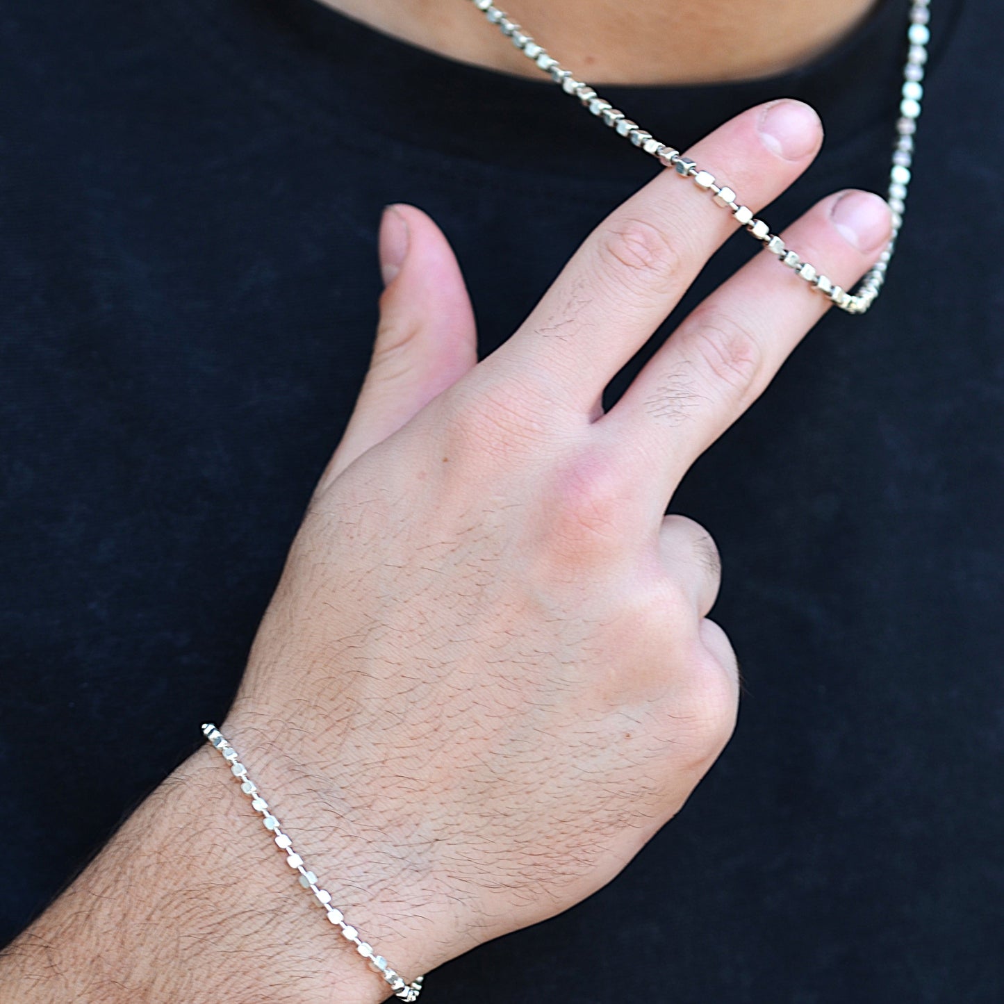 set for men bracelet and chain box style silver italian 925k