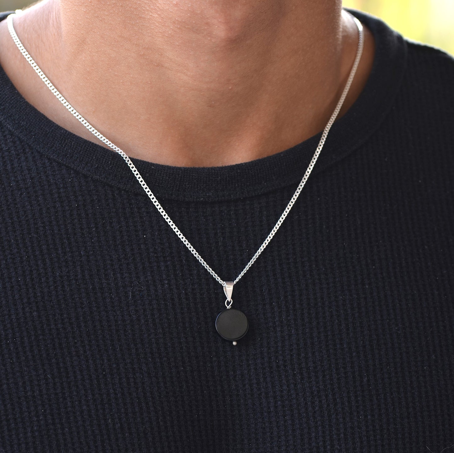 silver men necklace with black stone 925k