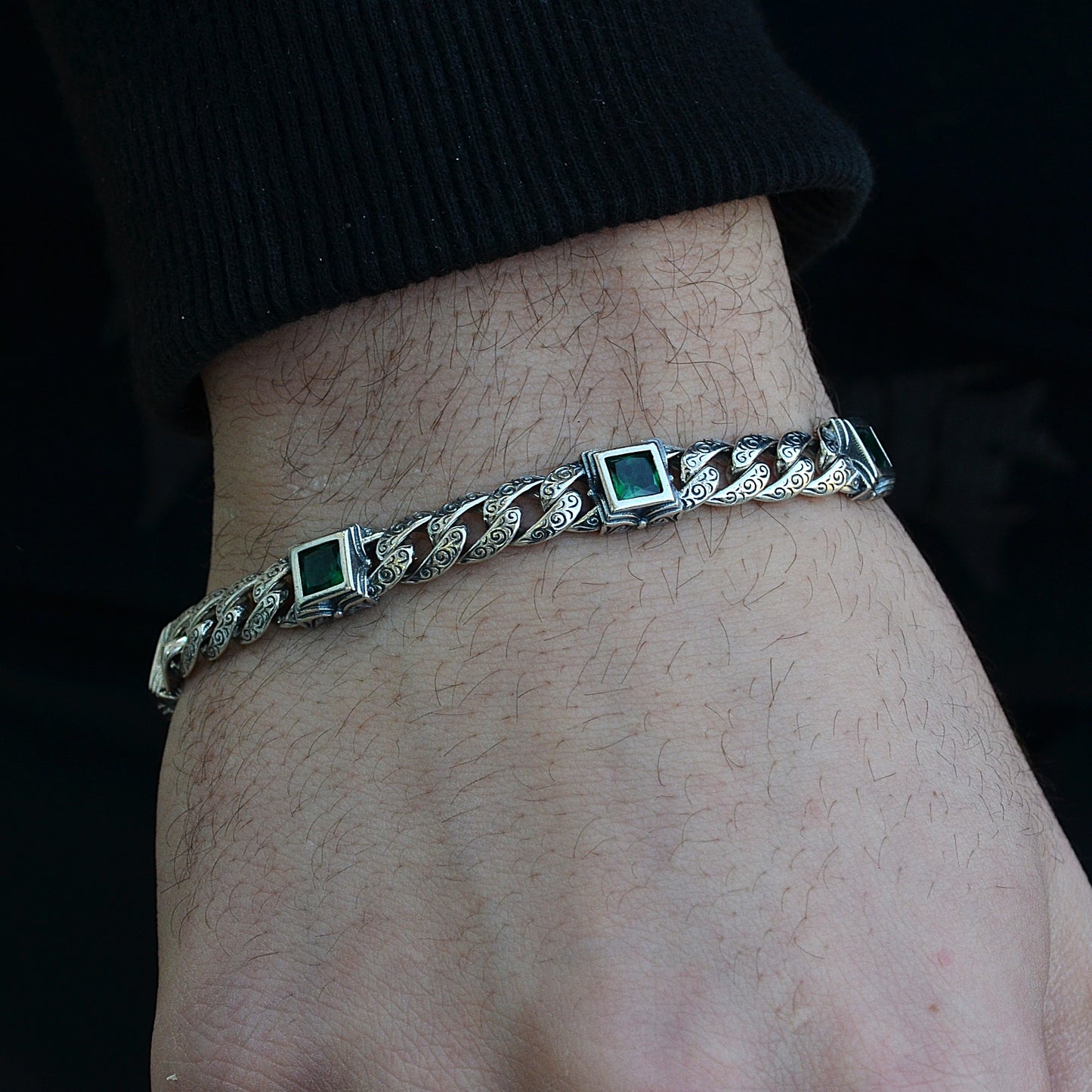 gromet square green  stones  bracelet silver italian 925k