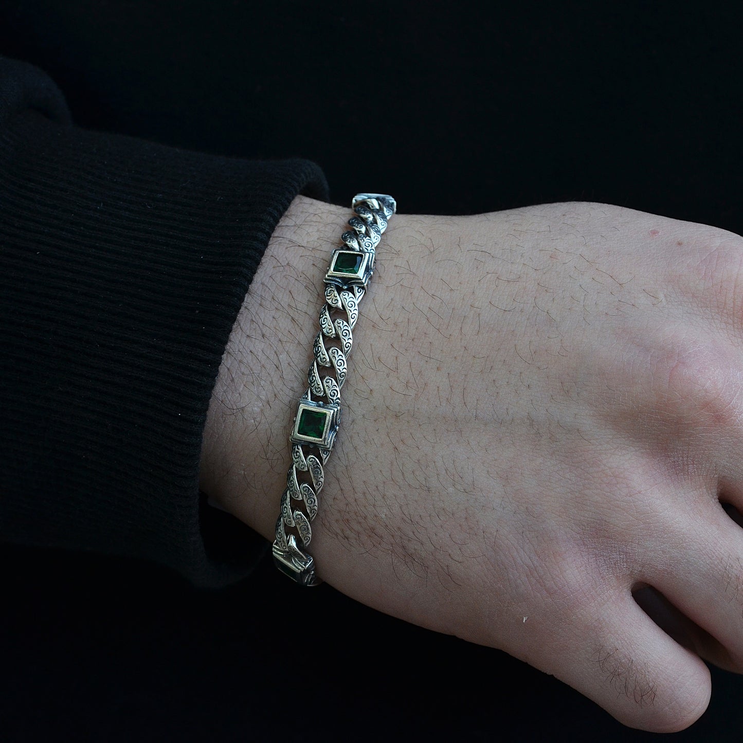 gromet square green  stones  bracelet silver italian 925k