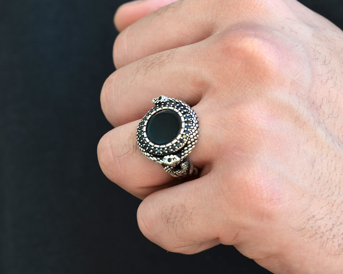 RING FOR MEN SILVER 925K BLACK STONE ONIX