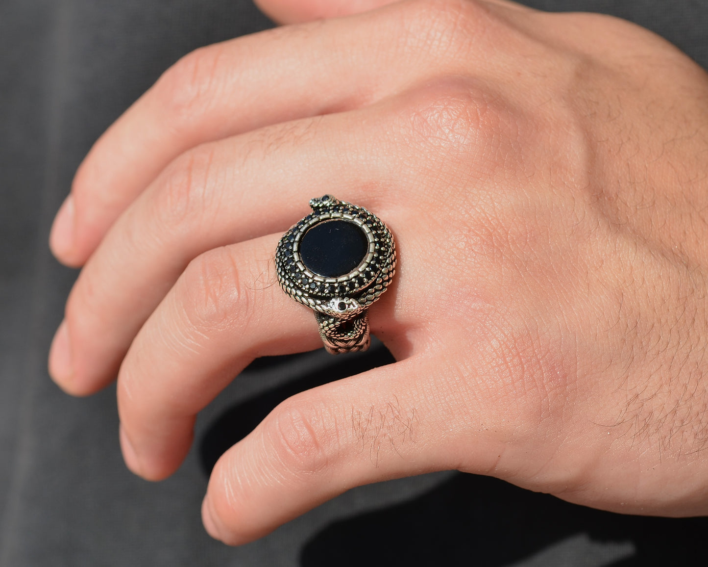 RING FOR MEN SILVER 925K BLACK STONE ONIX