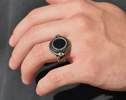 RING FOR MEN SILVER 925K BLACK STONE ONIX