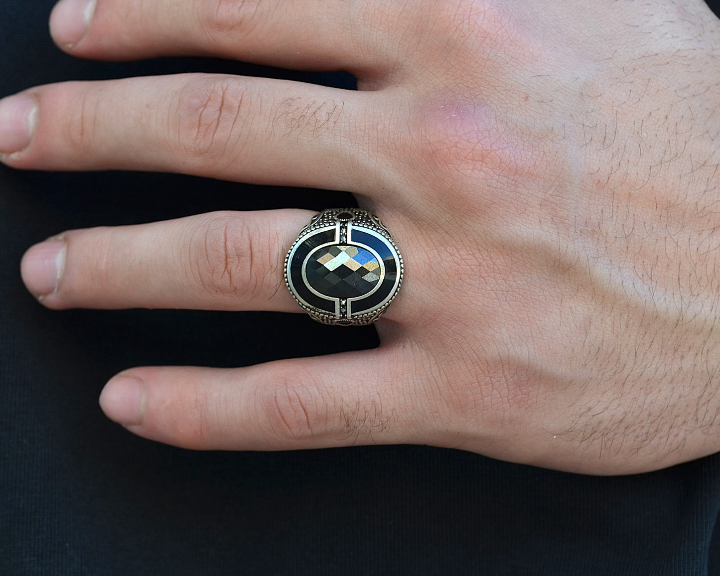 RING FOR MEN PURE SILVER WITH ONIX STONES 925k