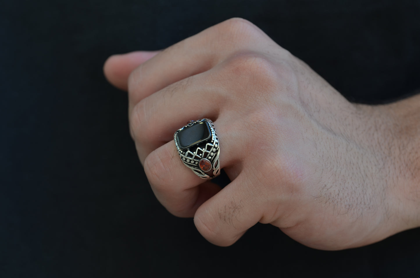 RING FOR MEN SILVER 925K BLACK STONE ONIX
