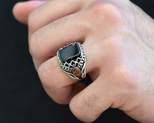 RING FOR MEN SILVER 925K BLACK STONE ONIX