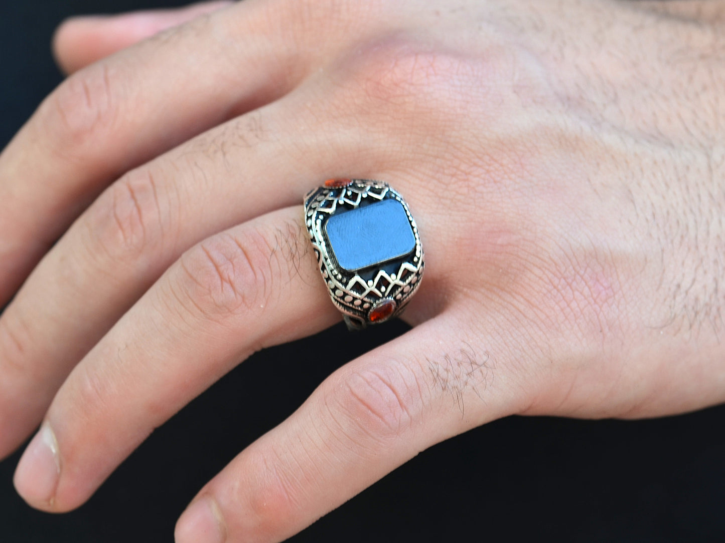 RING FOR MEN SILVER 925K BLACK STONE ONIX