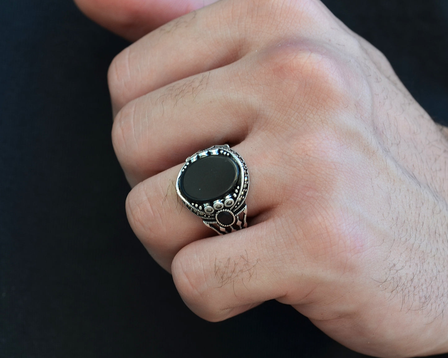 RING FOR MEN SILVER 925K BLACK STONE