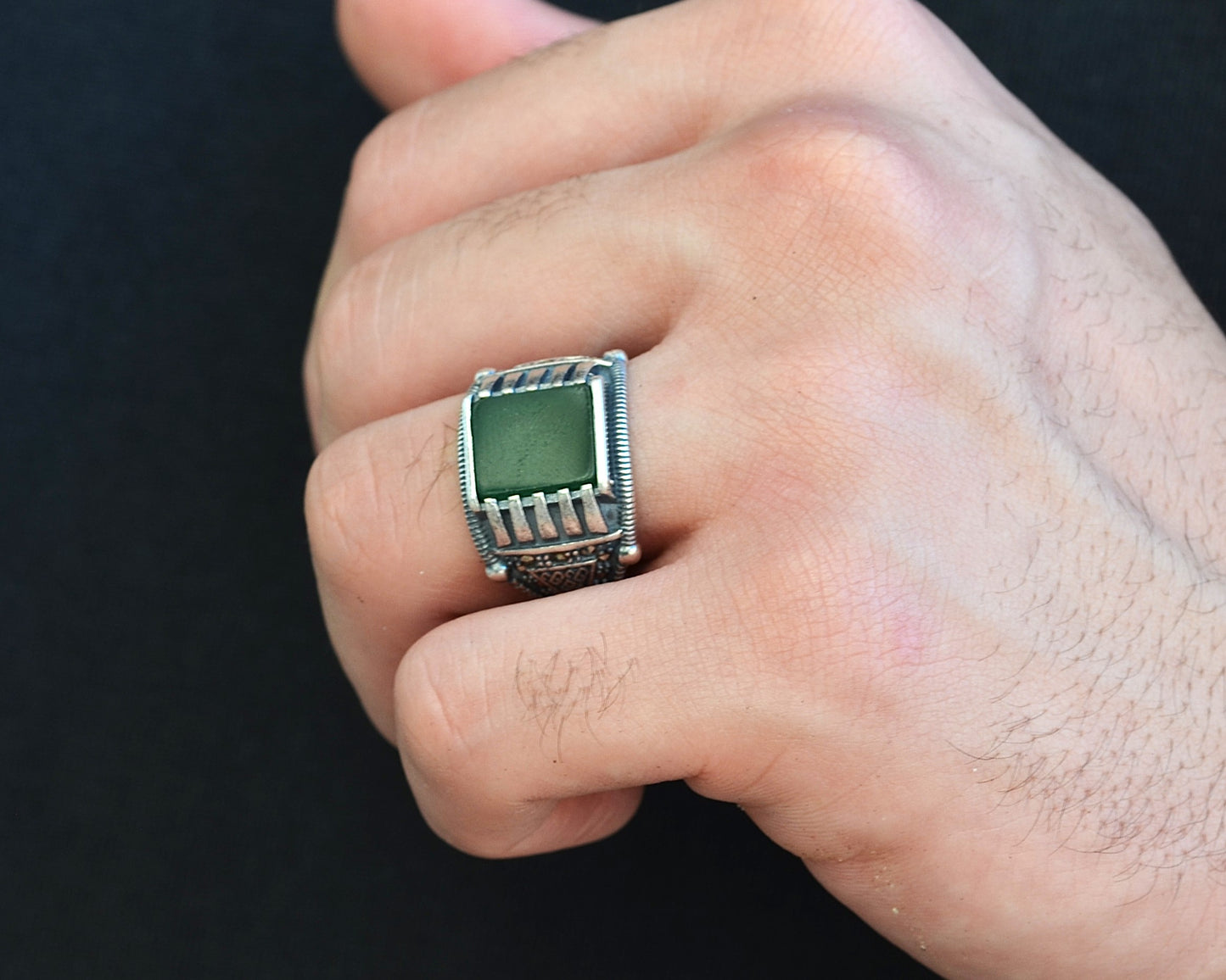 RING FOR MEN SILVER 925 K GREEN STONE