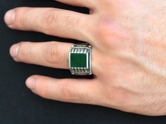 RING FOR MEN SILVER 925 K GREEN STONE