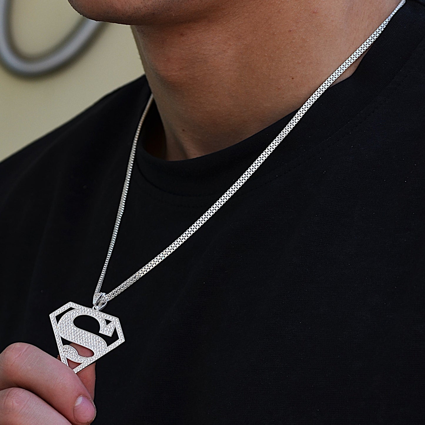 super man chain with zarcon stones with chain italian silver 925k