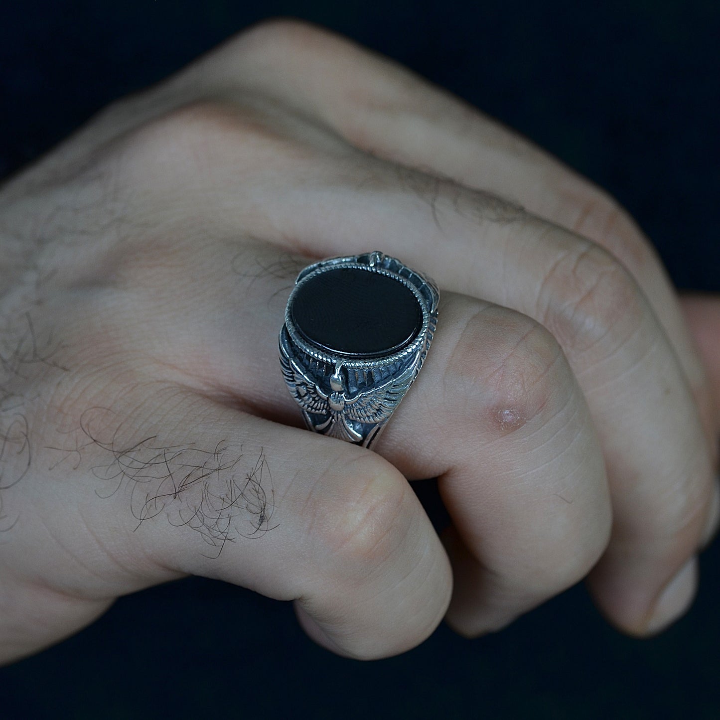Obsidian Wing Ring Silver 925K