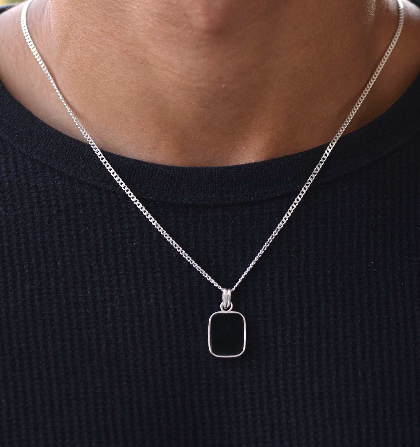 silver necklace for men with black onix stone