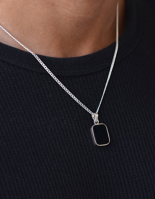 silver necklace for men with black onix stone