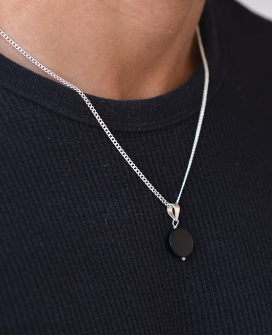 silver men necklace with black stone 925k
